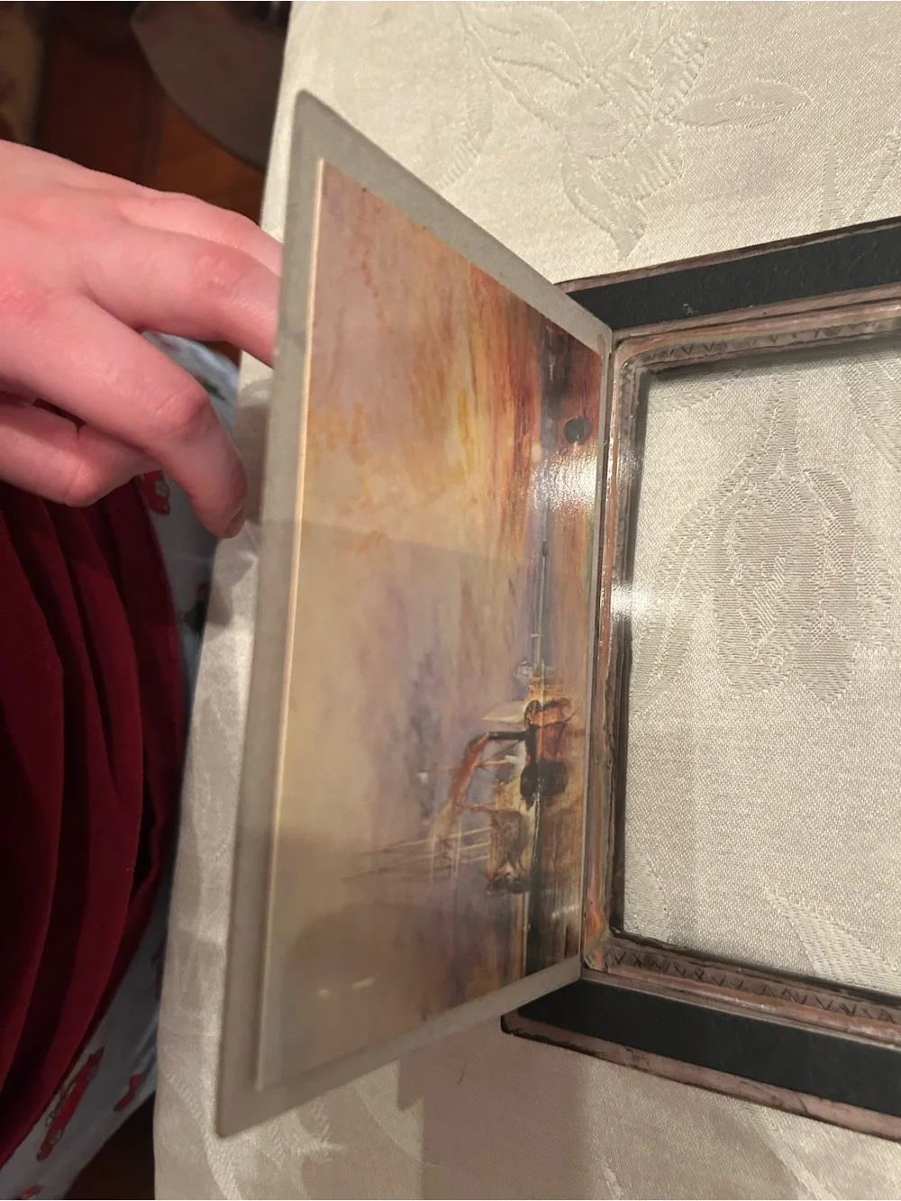 Vintage brown hallmark frame with vintage postcard copy of sailboat oil painting